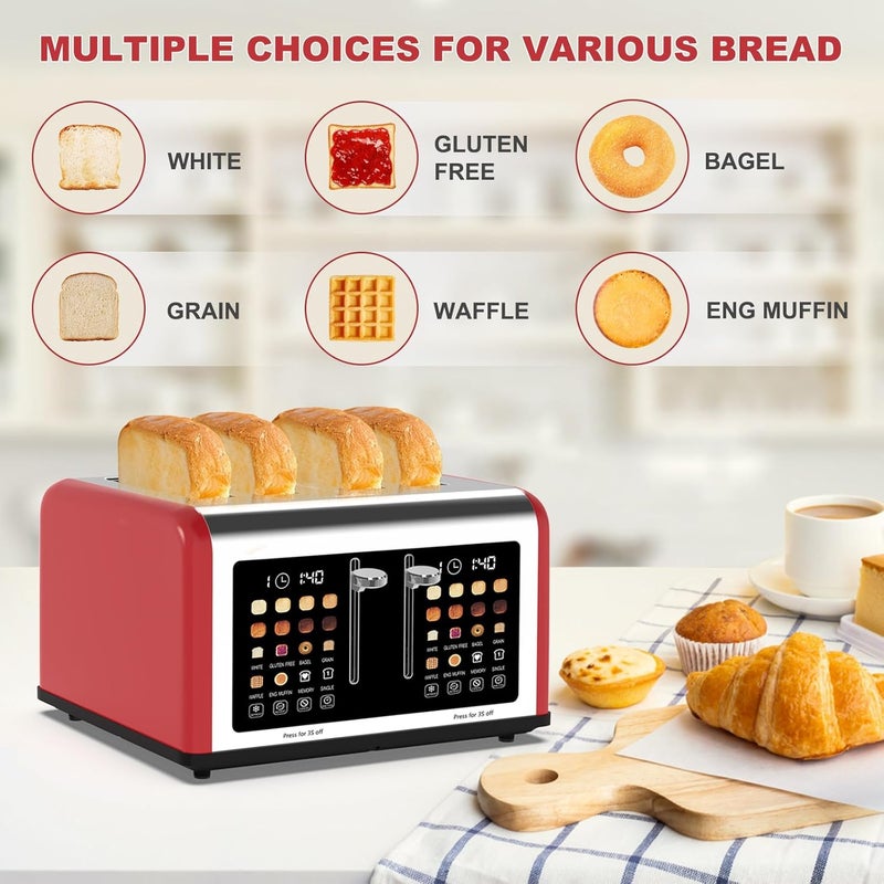 Clixane 4 Slice Toaster Touch Screen, Stainless Steel Toasters Digital Timer, Dual Control Panel Toasters, 8 Shade Settings 6 Bread Types for Bagel, Cancel, Defrost 1650W Red - Image 4